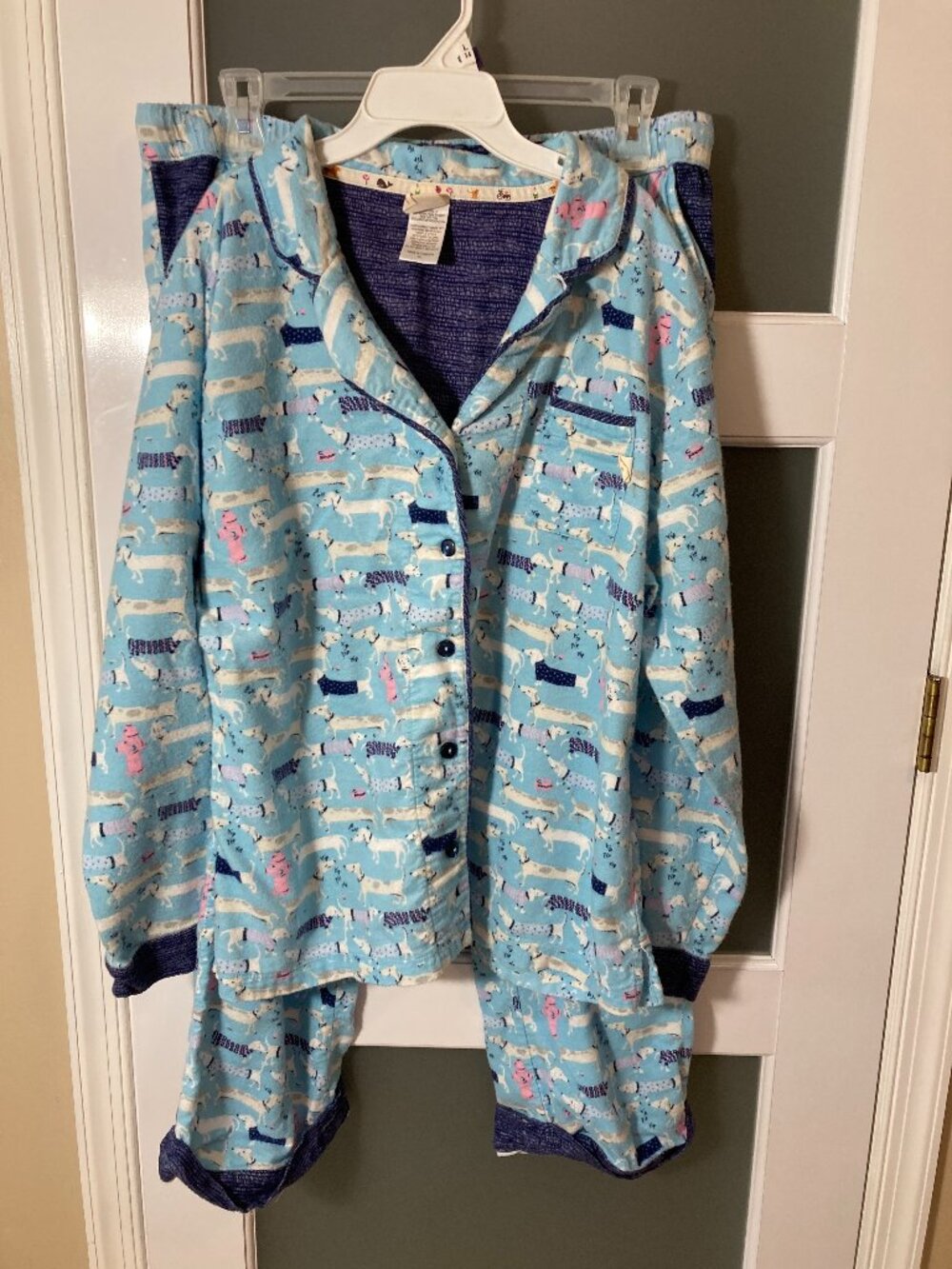 Munki Munki Flannel Pajama SET Blue Dachshund Dog Print Button Up Fleece - XL